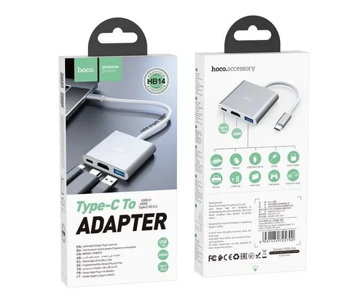 Adaptador Hoco HB14 Tipo-C a HDMI a USB 3.0 plateado-2