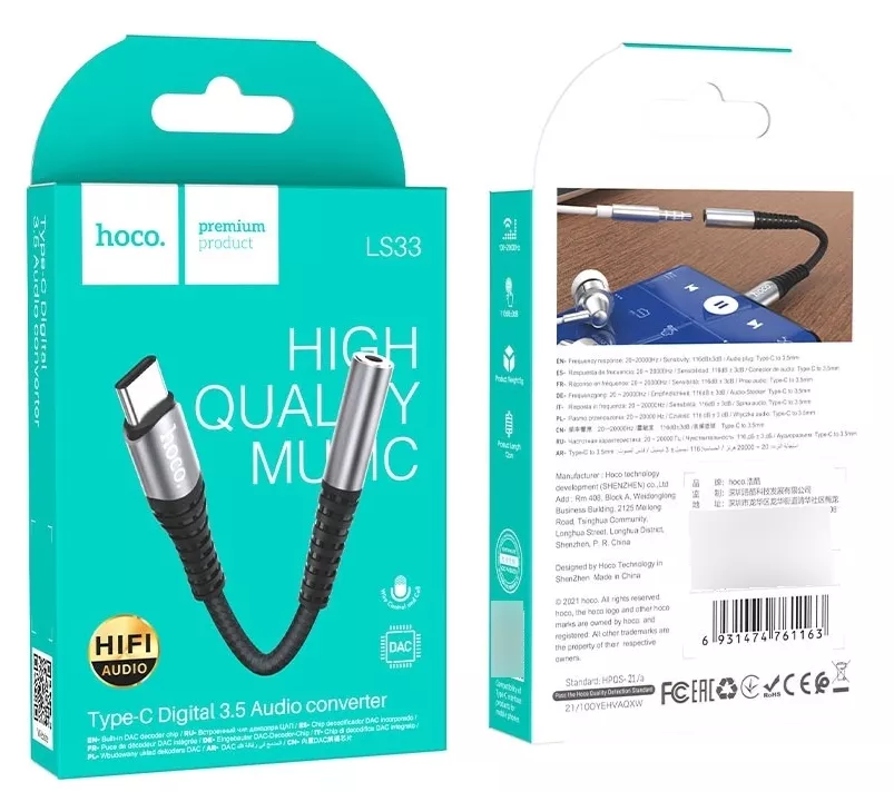 Adaptador Hoco de audio tipo c a auxiliar 3.5 LS33 negro-4