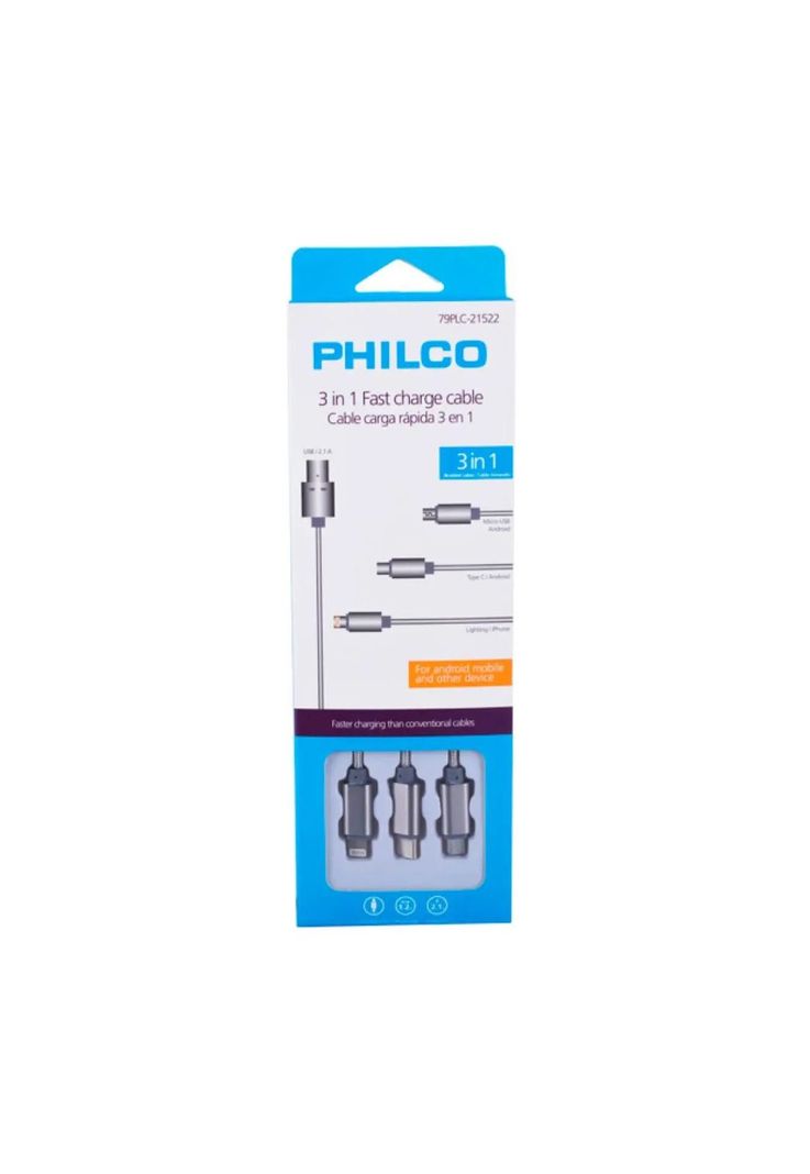 Cable carga rapida 3 en 1 Philco Micro USB+USB-C+Lighting-2