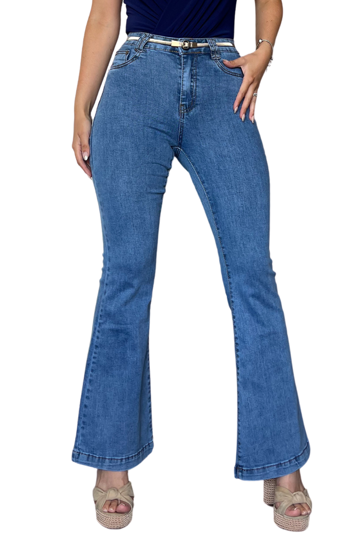 Jeans flare mujer celeste tiro alto-0