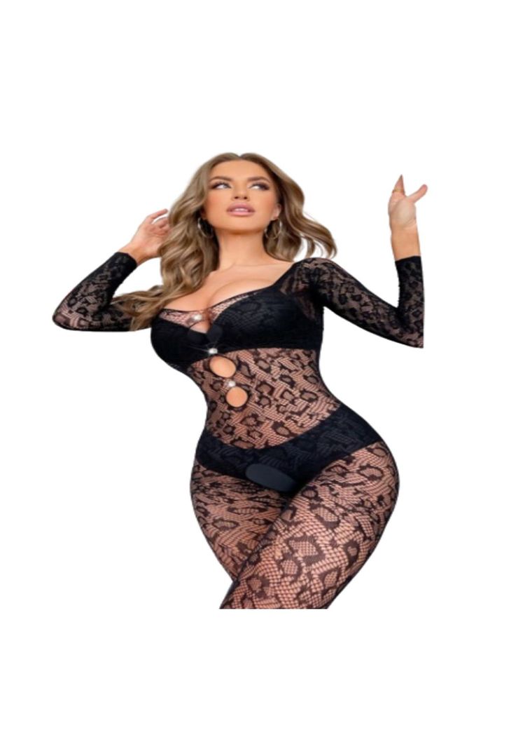 Lencería Body Enterito Malla huecos Para Mujer Manga Larga-0