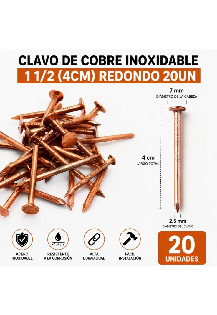 Clavo De Cobre Inoxidable 1 1/2 (4cm) Redondo 20un