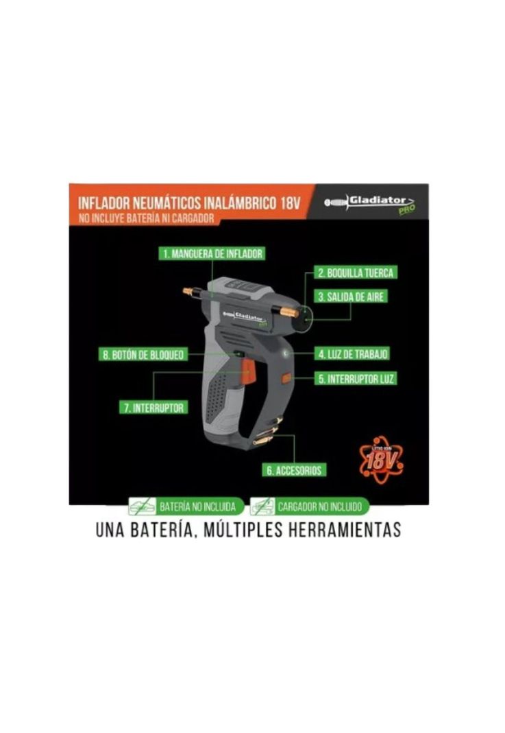 Inflador De Neumaticos Inalambrico 18v Sin Bat Gladiator-5