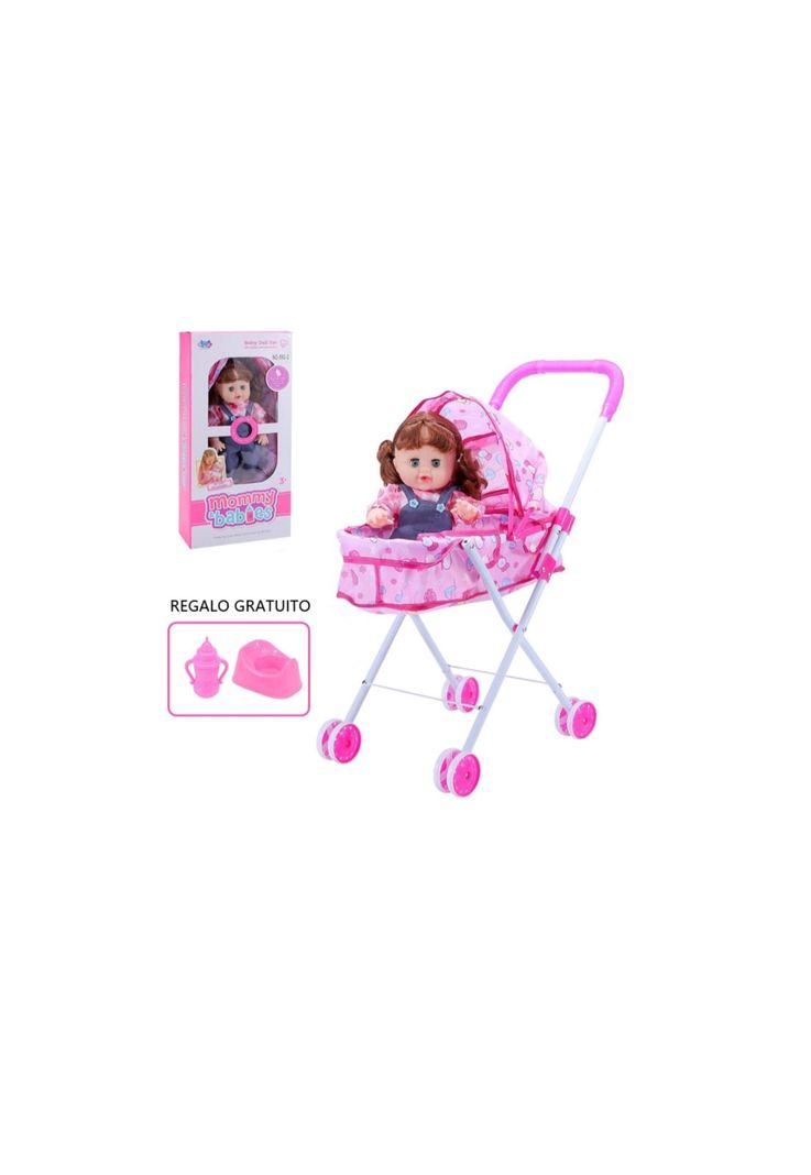 Coche Cuna Metálico De Juguete Con Muñeca Incluida Obsequio Tetero y Poceta-0