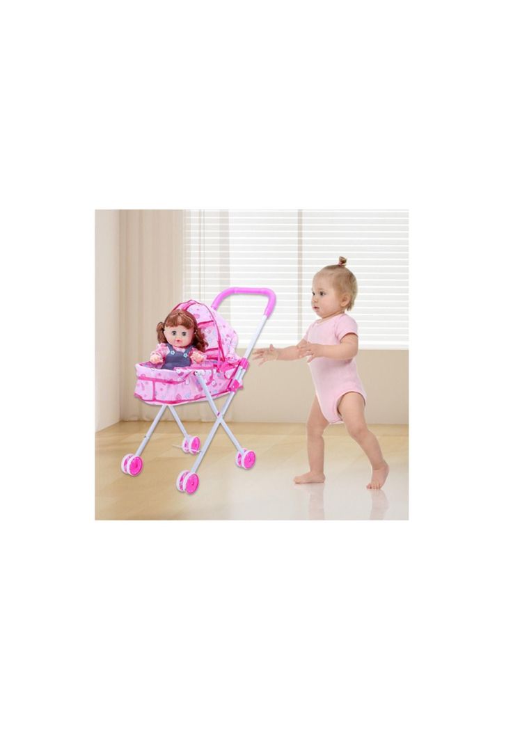 Coche Cuna Metálico De Juguete Con Muñeca Incluida Obsequio Tetero y Poceta-5