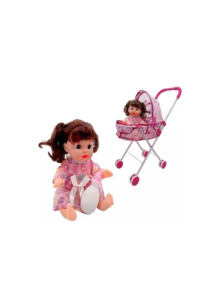 Coche Cuna Metálico De Juguete Con Muñeca Incluida Obsequio Tetero y Poceta-6