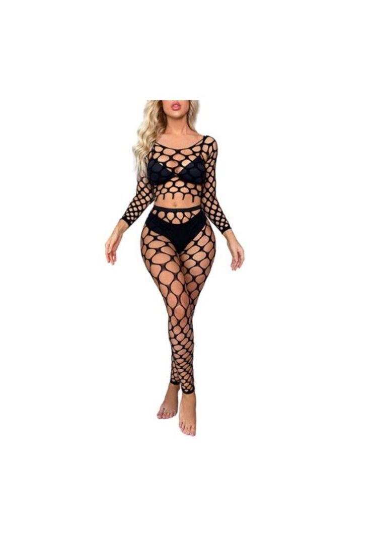 Lencería Sexy Enterito Malla Ahuecado Para Mujer Manga Larga Exotica-0
