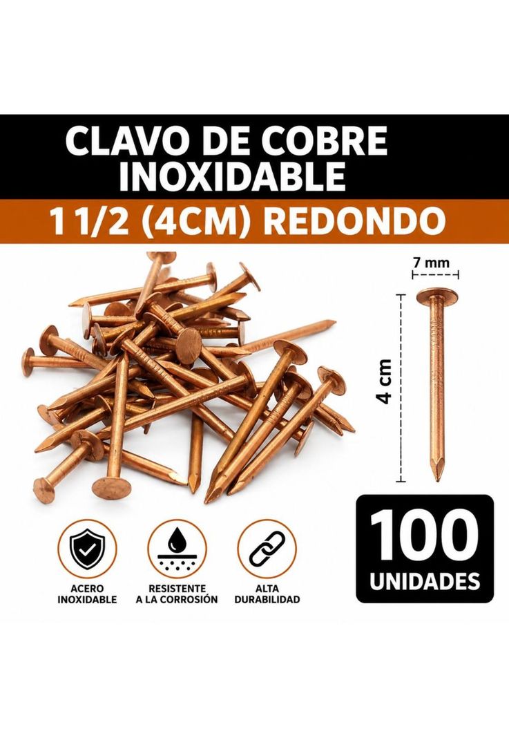 Clavo De Cobre Inoxidable 1 1/2 (4cm) Diseno Redondo 100un