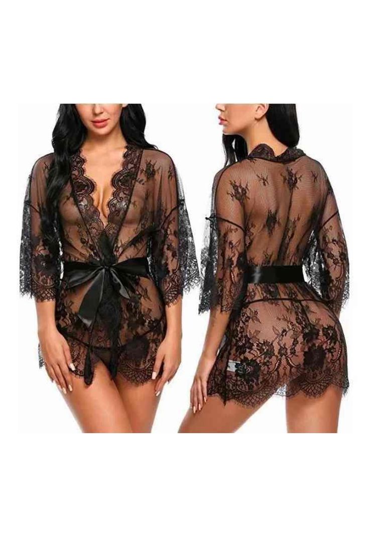Babydoll Encaje Lencería Bata Sexy Mesh Conjunto Con Tanga-0