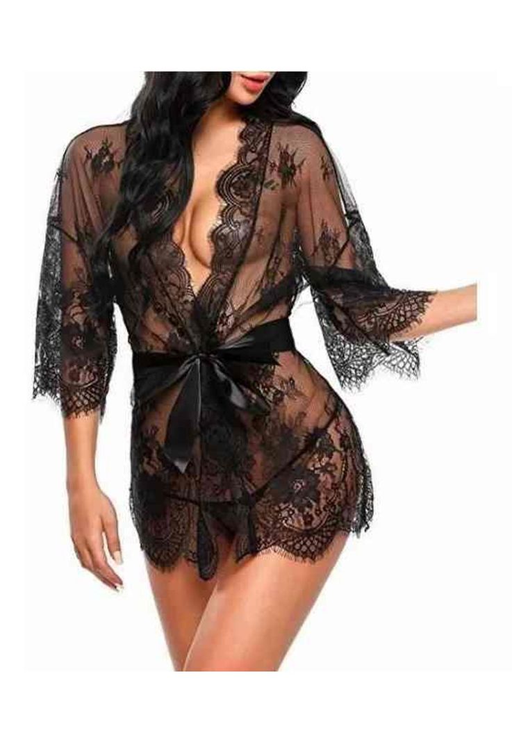 Babydoll Encaje Lencería Bata Sexy Mesh Conjunto Con Tanga-1