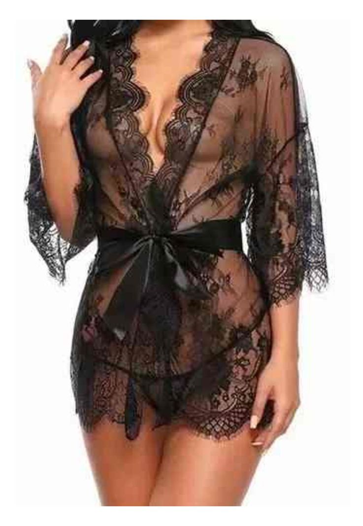 Babydoll Encaje Lencería Bata Sexy Mesh Conjunto Con Tanga-2