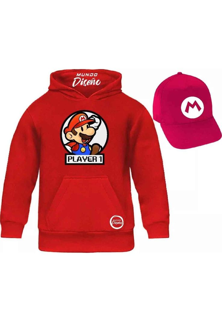 Poleron De Niño Con Capucha Mario Bros Player 1 + Jockey-0