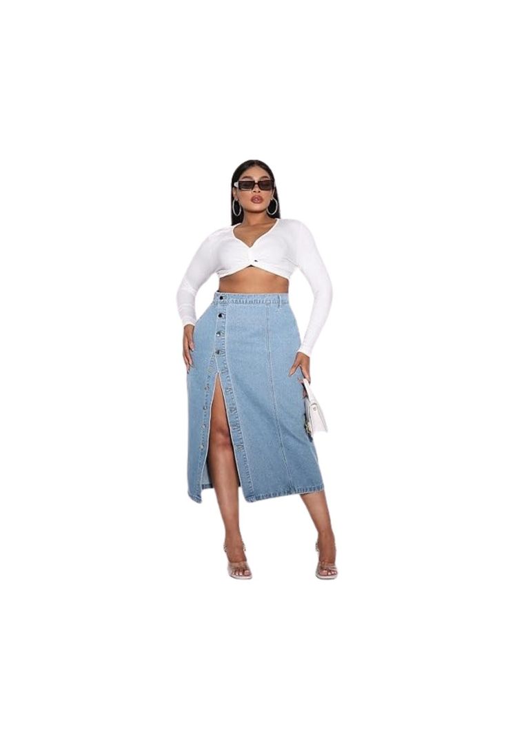 Falda Larga Jeans Mezclilla Botones Delantero Tiro Alto-0