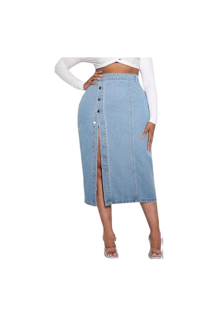 Falda Larga Jeans Mezclilla Botones Delantero Tiro Alto-1
