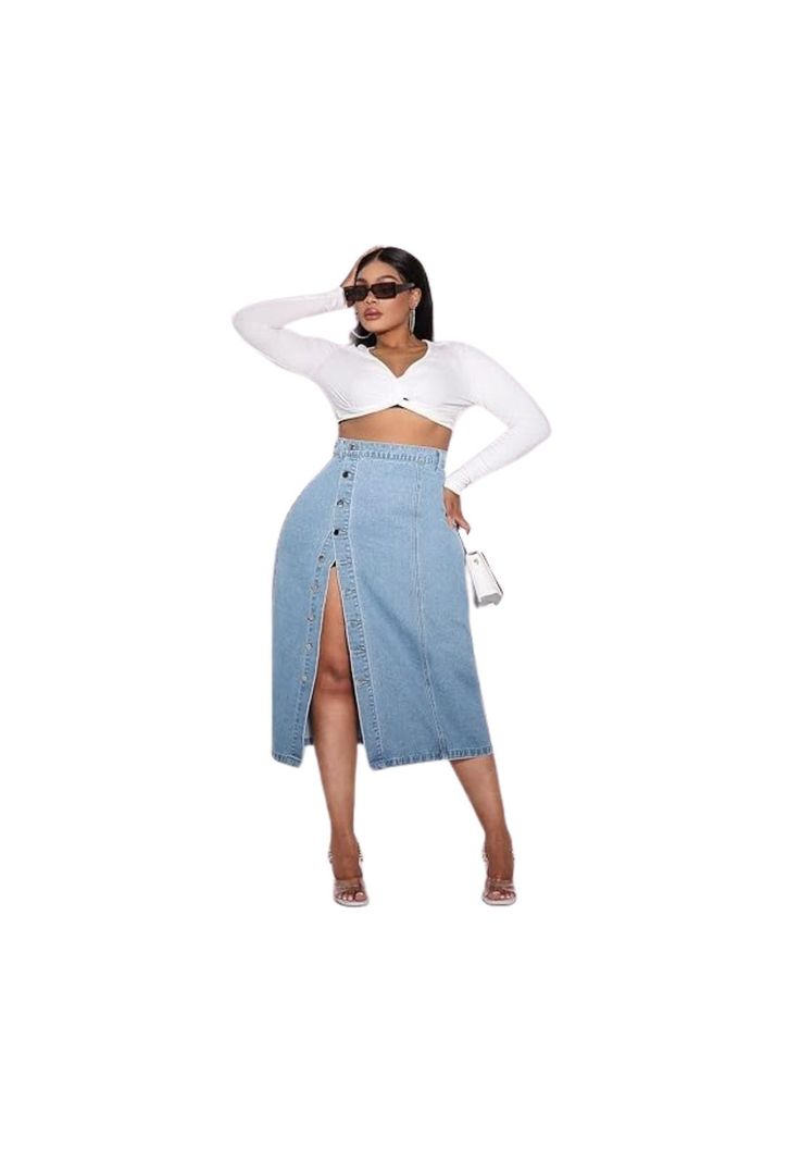 Falda Larga Jeans Mezclilla Botones Delantero Tiro Alto-2