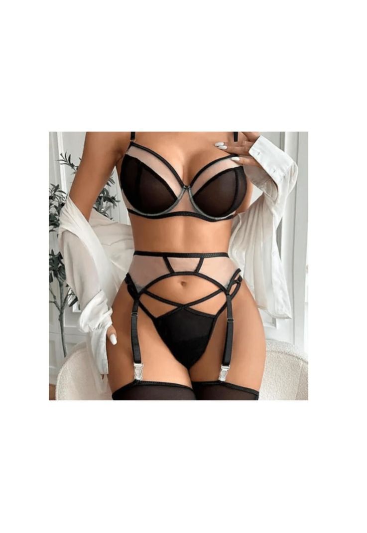 Conjunto de lencería Sexy brasier bragas liguero Erótico-5