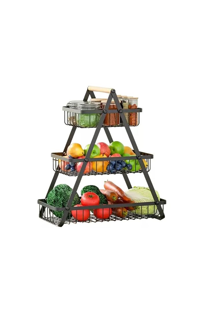 Cesta Para Frutas Vegetales Organizador de Acero/Madera Rectangular Multiusos 3 Niveles-0