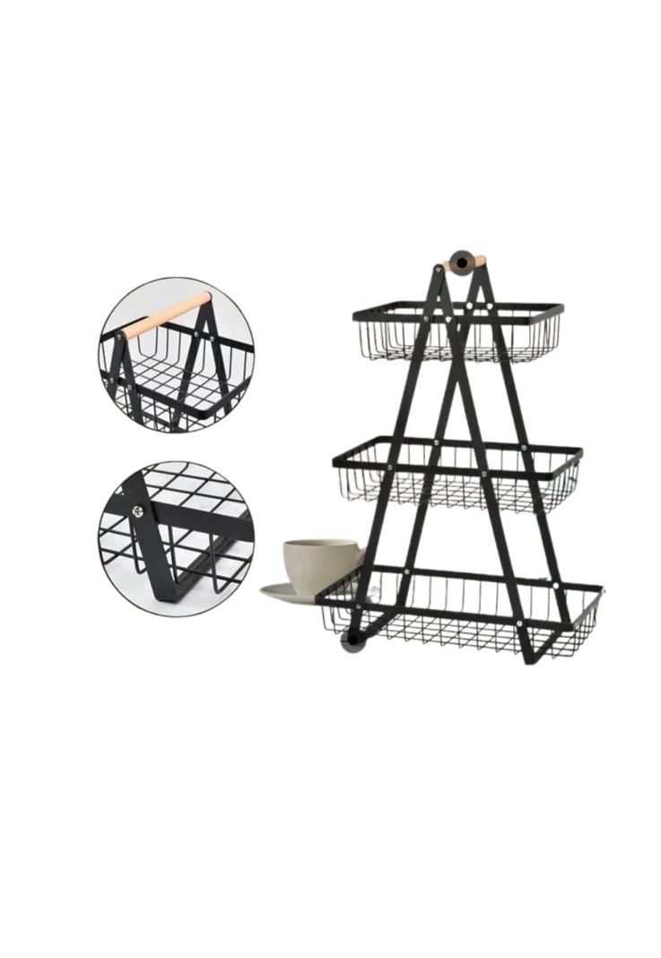 Cesta Para Frutas Vegetales Organizador de Acero/Madera Rectangular Multiusos 3 Niveles-2