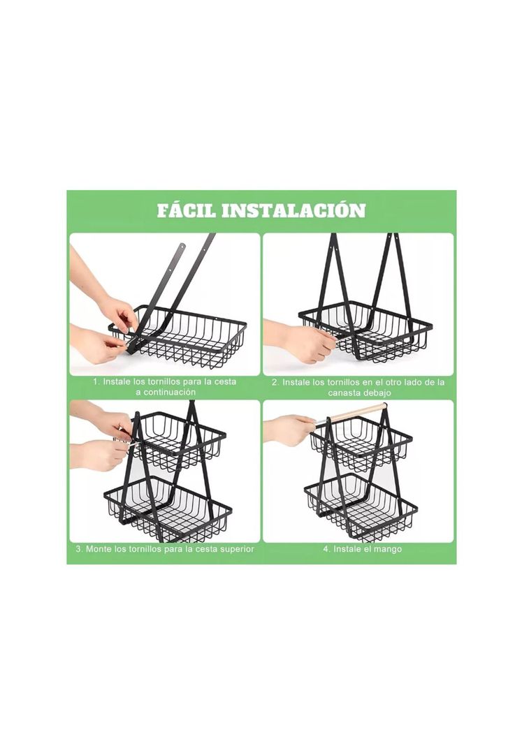 Cesta Para Frutas Vegetales Organizador de Acero/Madera Rectangular Multiusos 3 Niveles-3
