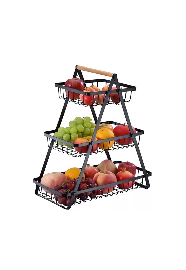 Cesta Para Frutas Vegetales Organizador de Acero/Madera Rectangular Multiusos 3 Niveles-5