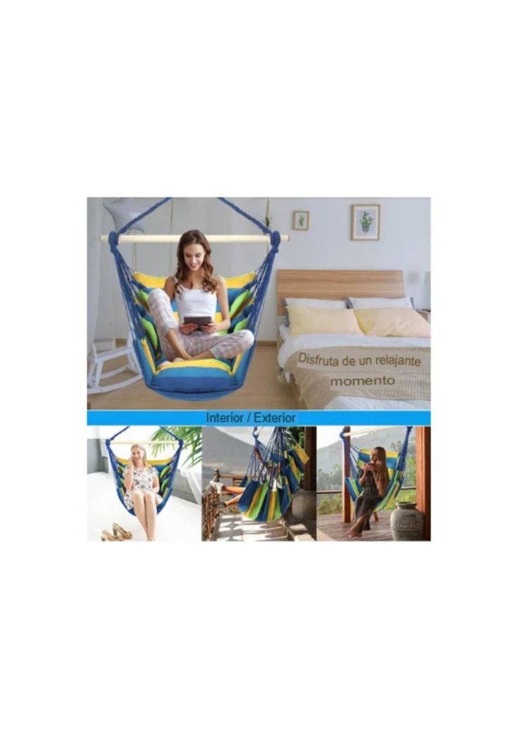 Silla hamaca colgante con cuerda + 2 cojines Columpio Jardín-7