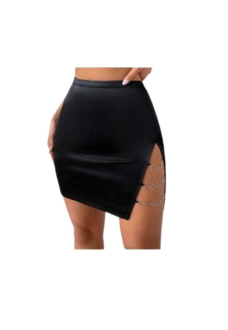 Falda Ecocuero Tiro Alto Abertura Cadena Fashion 2023 Negro S