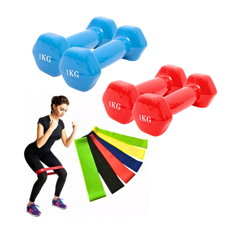 Pack Bandas Elásticas X5 + 2 Mancuernas De 1 Kg C/u-0