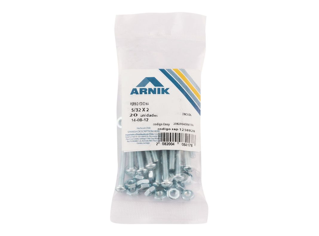 Perno cocina con tuerca 5/32x2'' zincado 20 unidades Arnik-1