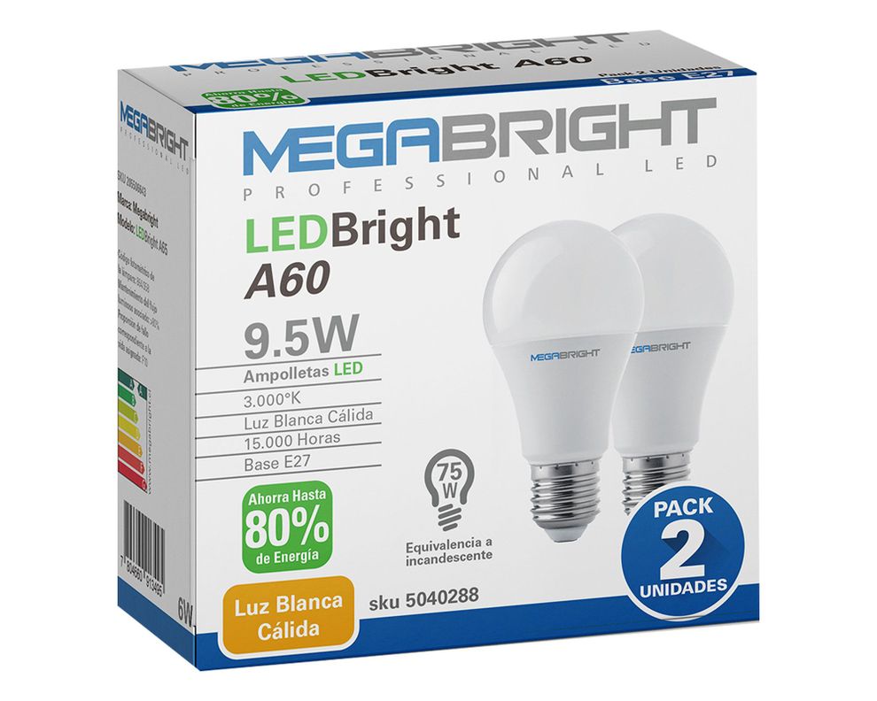 Ampolleta bright LED 9,5W E27 luz fría A60 2 unidades Megabright-4