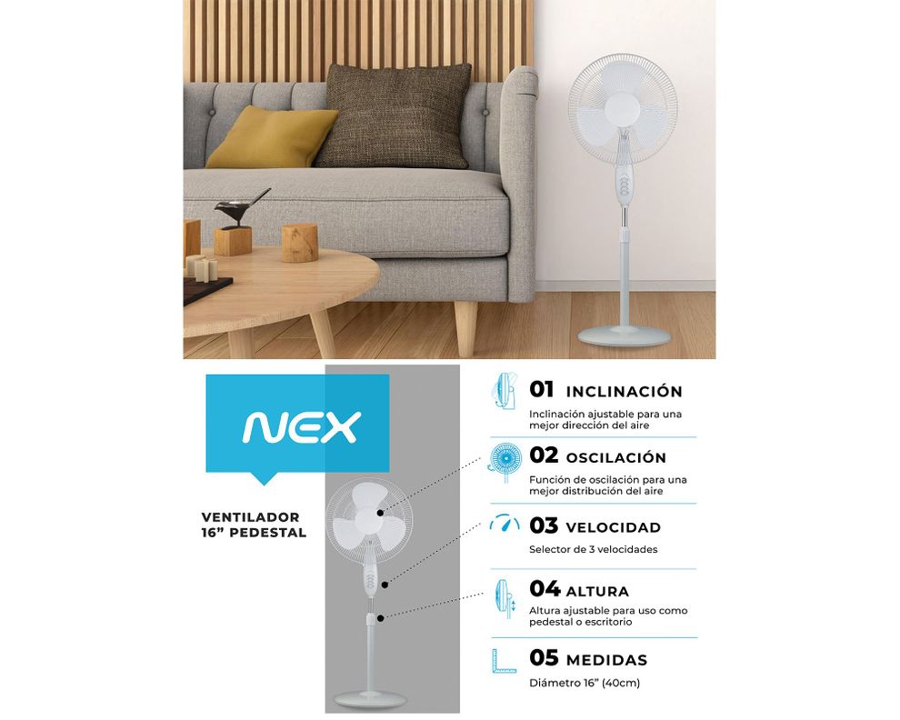 Ventilador pedestal 16'' VPT1610Wblanco Nex-8