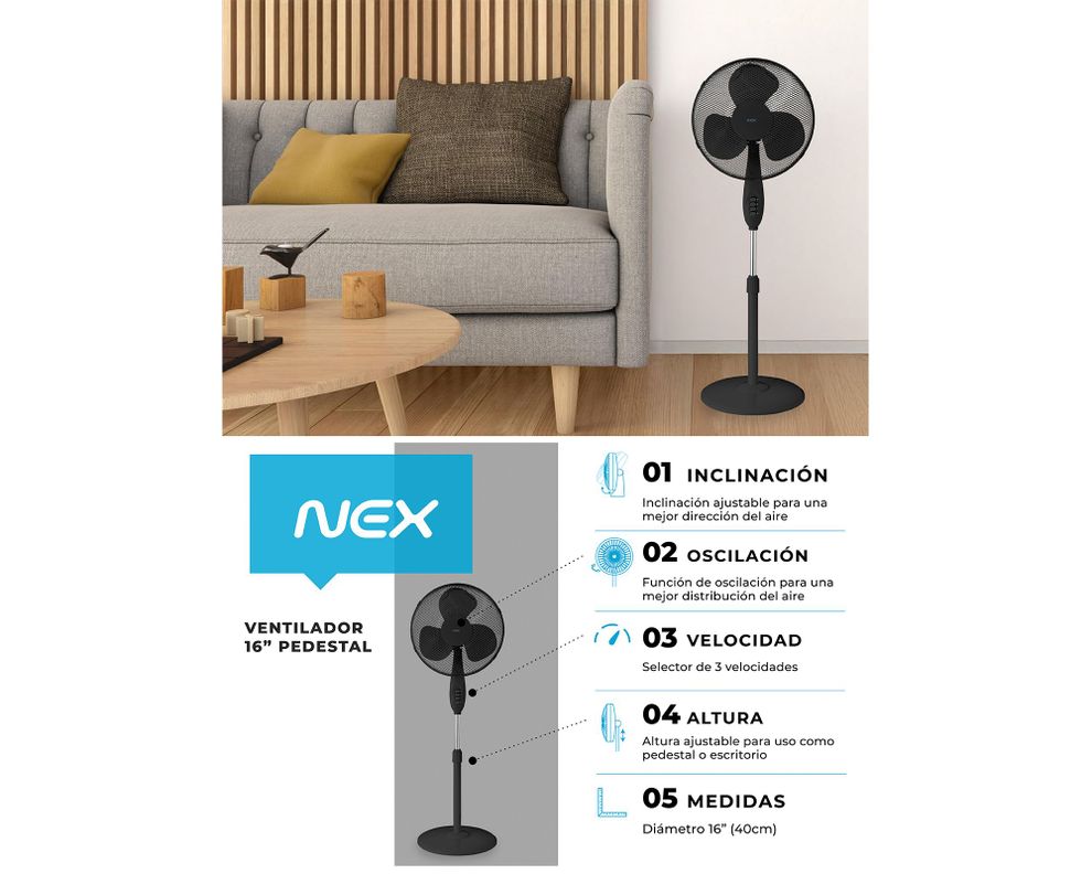 Ventilador de pie 16'' VPT1610B negro Nex-8