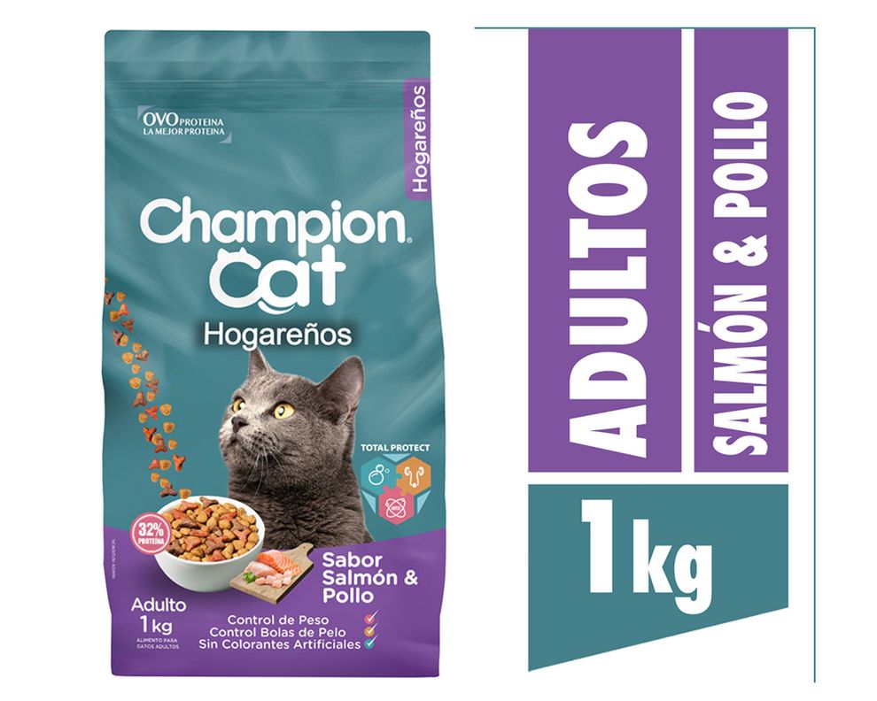 Alimento seco gatos 1 kg Hogareños salmón y pollo Champion Cat.-0