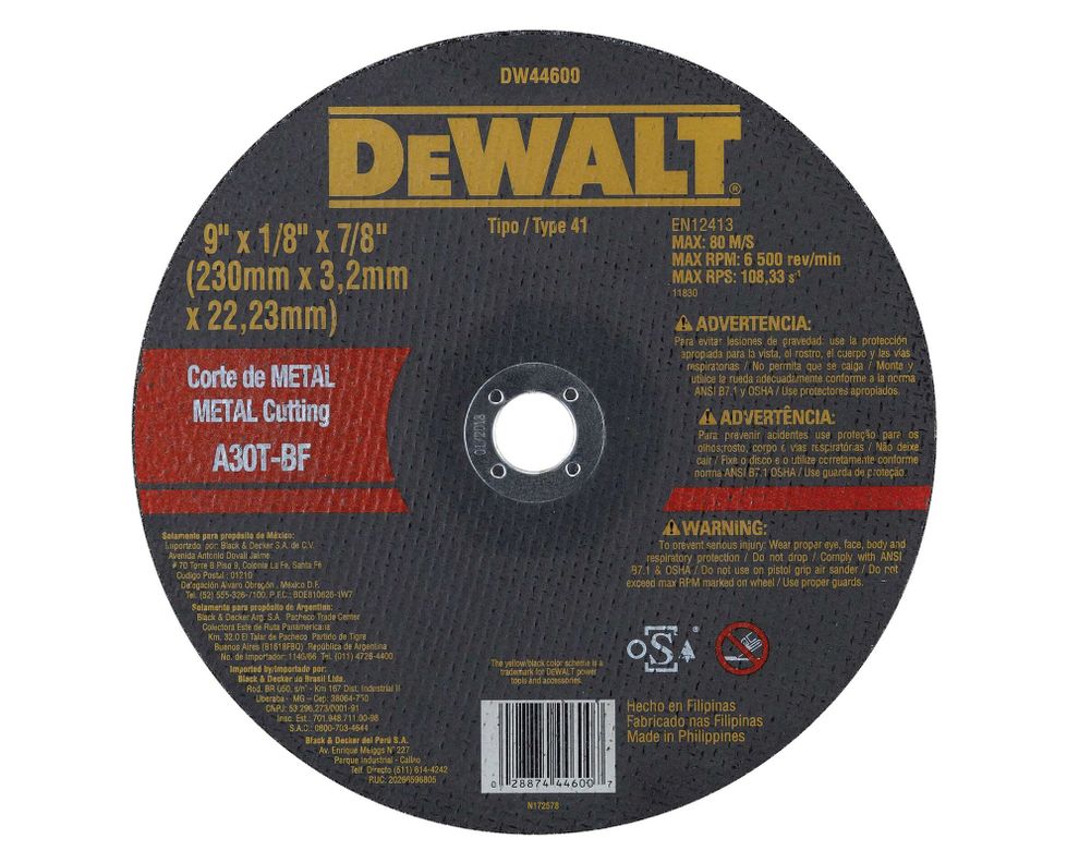 Disco corte metal 9'' x 1/8'' x 7/8'' DW44600-0