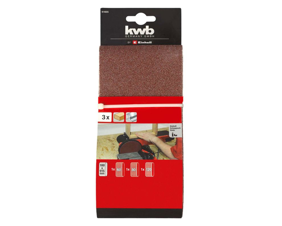 Banda de lija grano 100x915 mm grano 60-80-120 3 piezas KWB-0