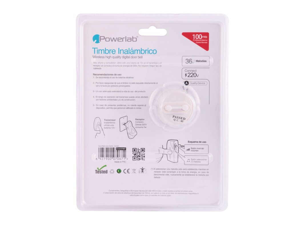 Timbre inalámbrico 36 melodías Doorbell verde/blanco Powerlab-3