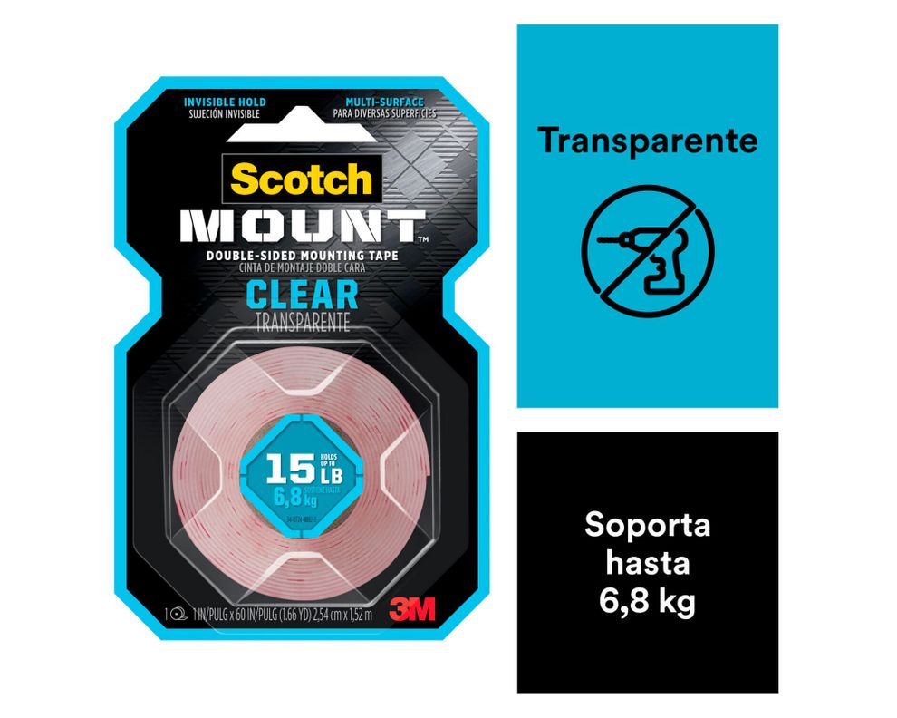 Cinta montaje doble faz Transparente 2.54 cm x 1.52 m-1