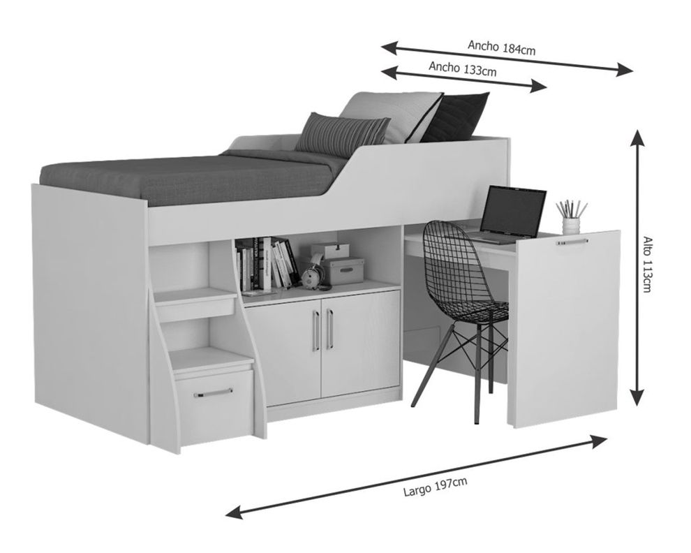 Cama multifuncional 1,5 plazas con escritorio blanco Decocasa-4