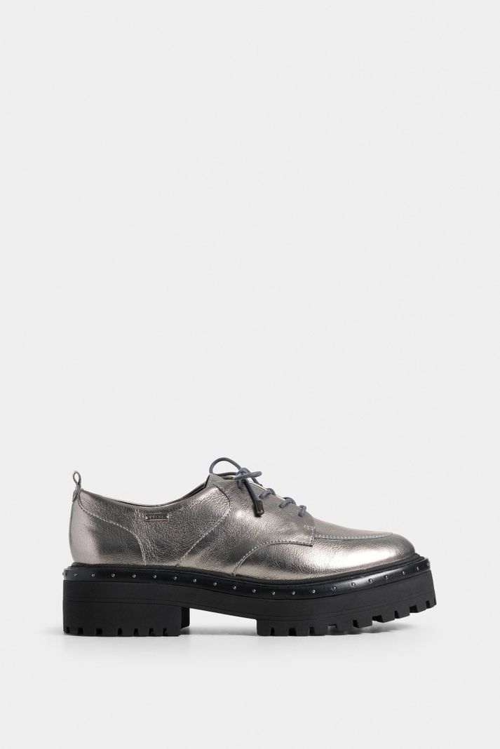Vélez Zapatos De Cordón Thalia Cuero Mujer Mini Taches Plata-0