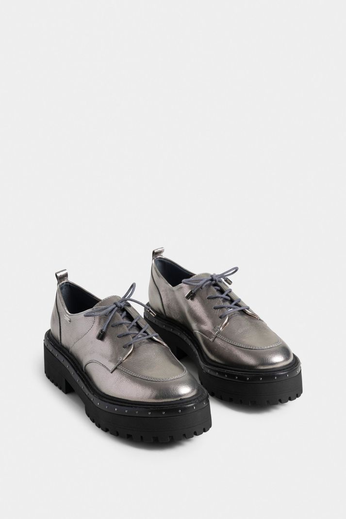 Vélez Zapatos De Cordón Thalia Cuero Mujer Mini Taches Plata-1