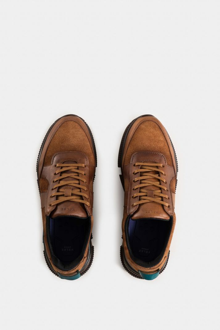 Vélez Tenis Halo De Cuero Liso Textura Gamuzada Hombre Miel-3