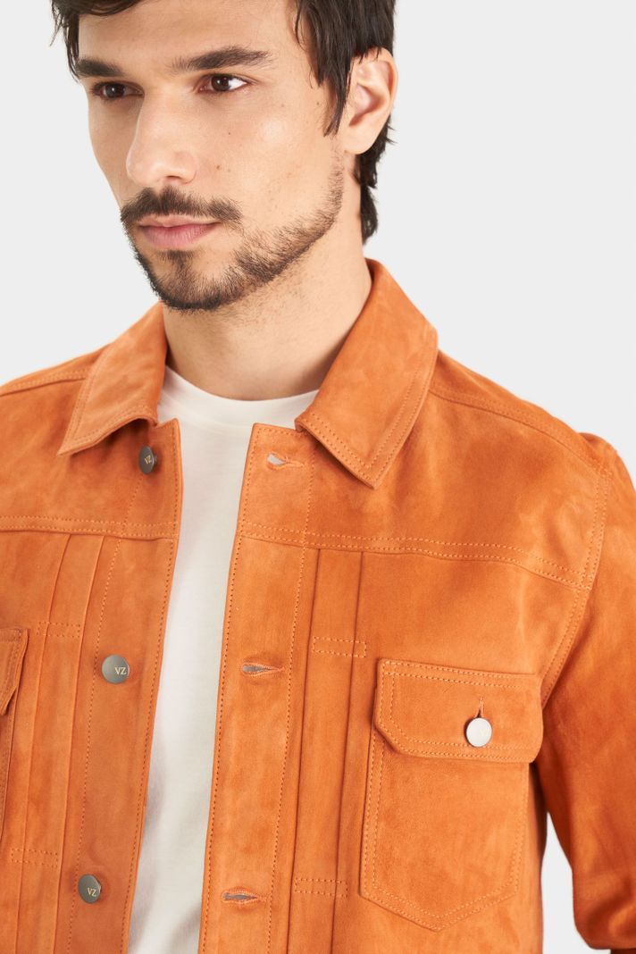 Vélez Casaca De Gamuza Para Hombre Cuello Camisero Naranja-1