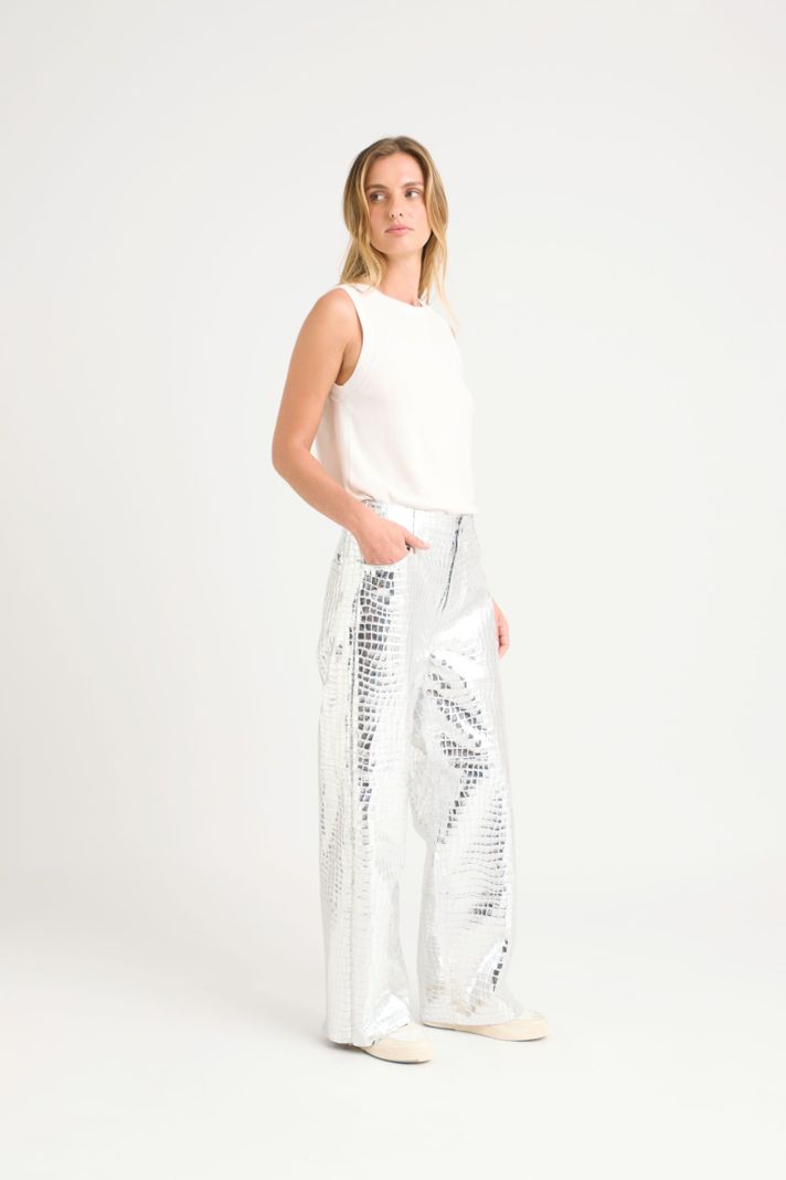 Vélez Pantalón Croco Vice De Cuero Ovino Para Mujer Plata-2