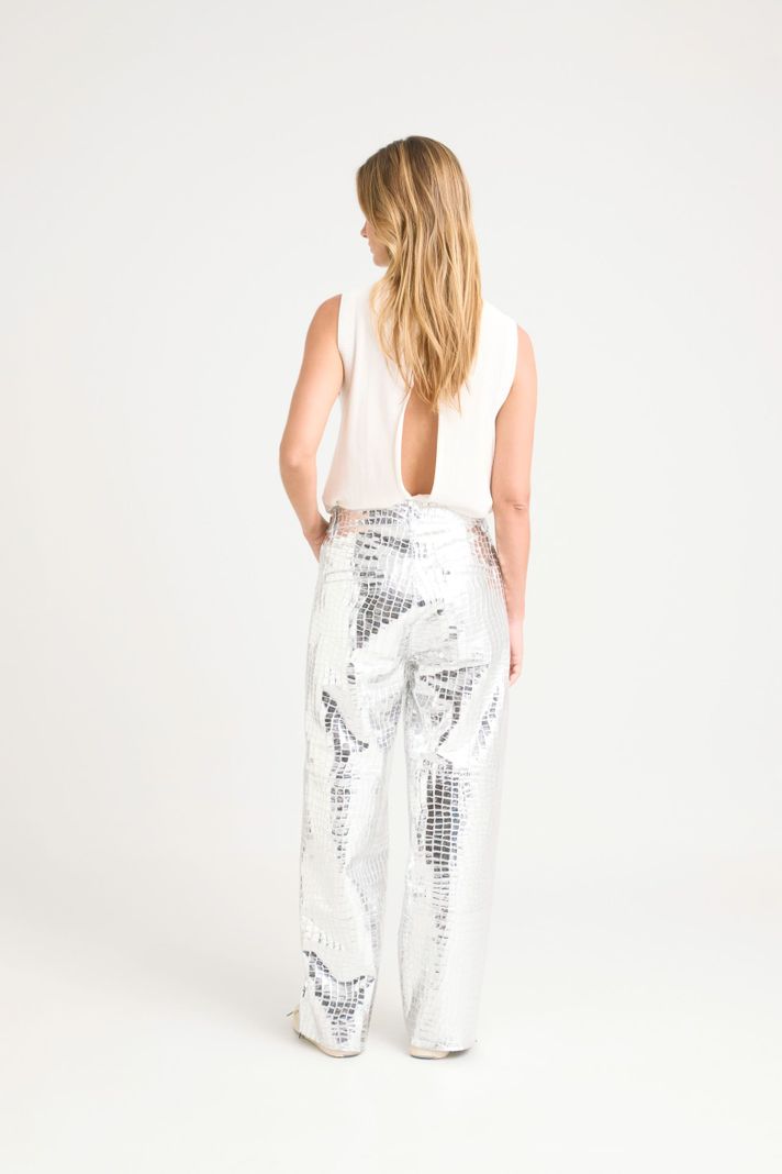 Vélez Pantalón Croco Vice De Cuero Ovino Para Mujer Plata-4