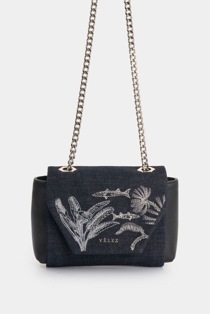 Vélez Manos Libres Mini Lili Denim y Cuero Para Mujer AzulO-0