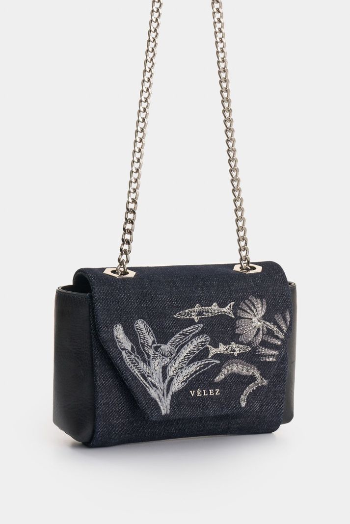 Vélez Manos Libres Mini Lili Denim y Cuero Para Mujer AzulO-1
