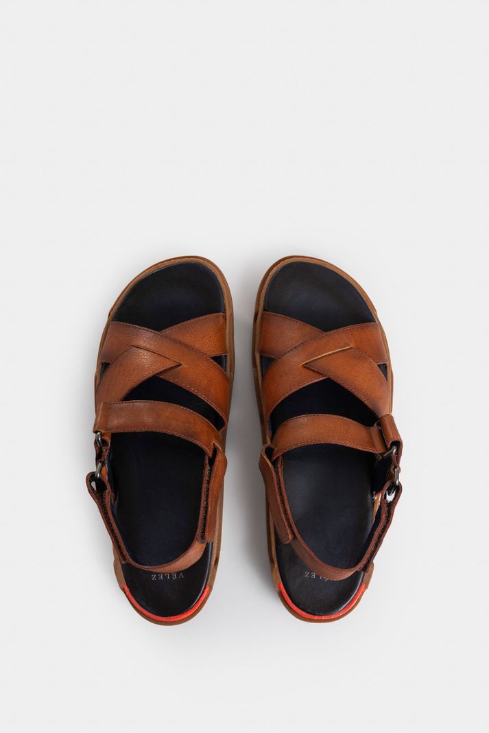 Vélez Sandalia Plana Monet De Cuero Para Hombre Cruzada Miel-3