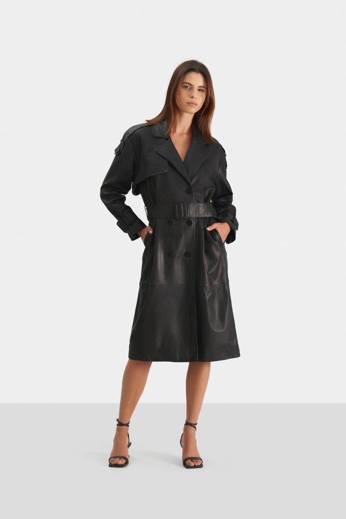 Vélez Trench Coat Bora De Cuero Ovino Para Mujer Negro-0