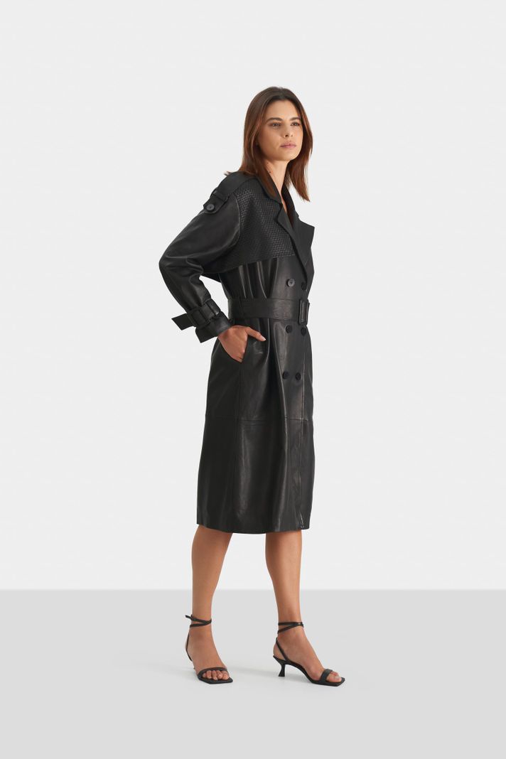 Vélez Trench Coat Bora De Cuero Ovino Para Mujer Negro-2