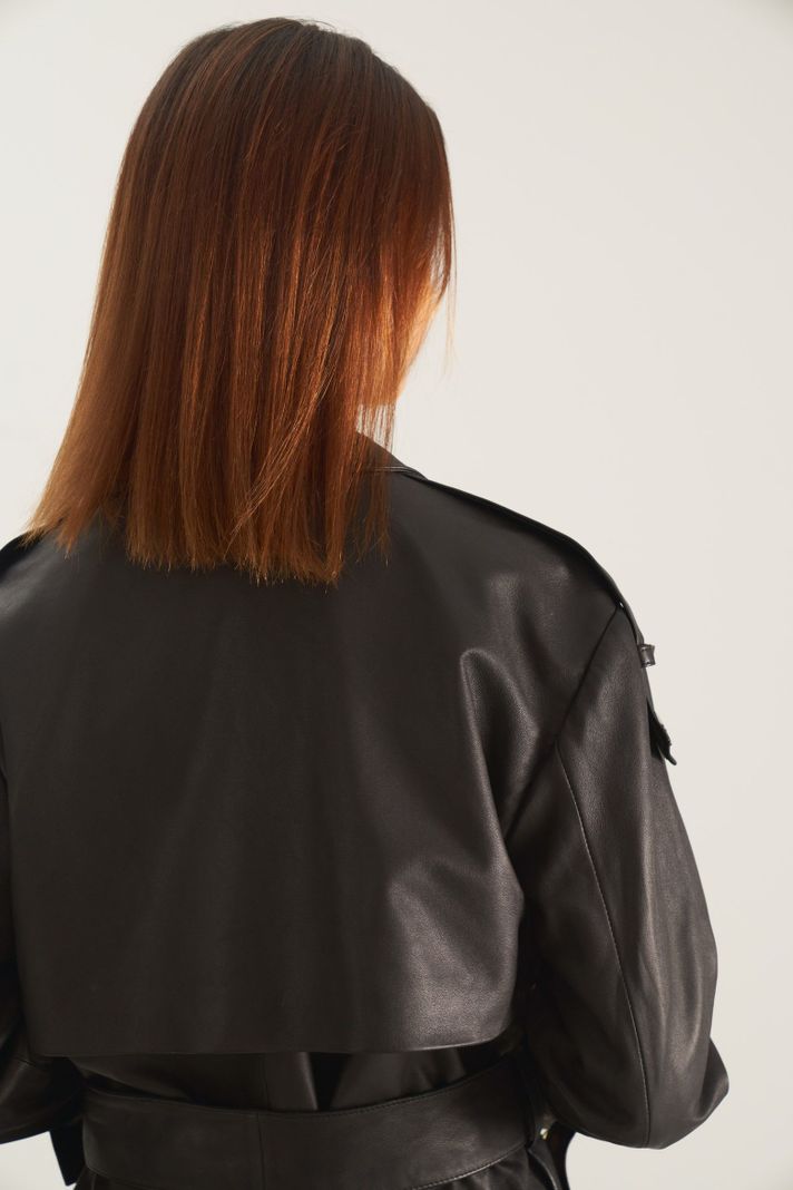 Vélez Trench Coat Bora De Cuero Ovino Para Mujer Negro-3