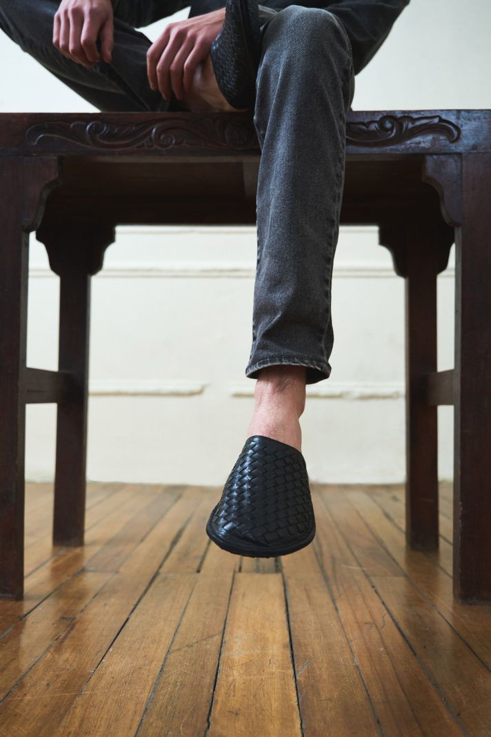 Vélez Slipper Tejido En Cuero Para Hombre Confort Negro-5